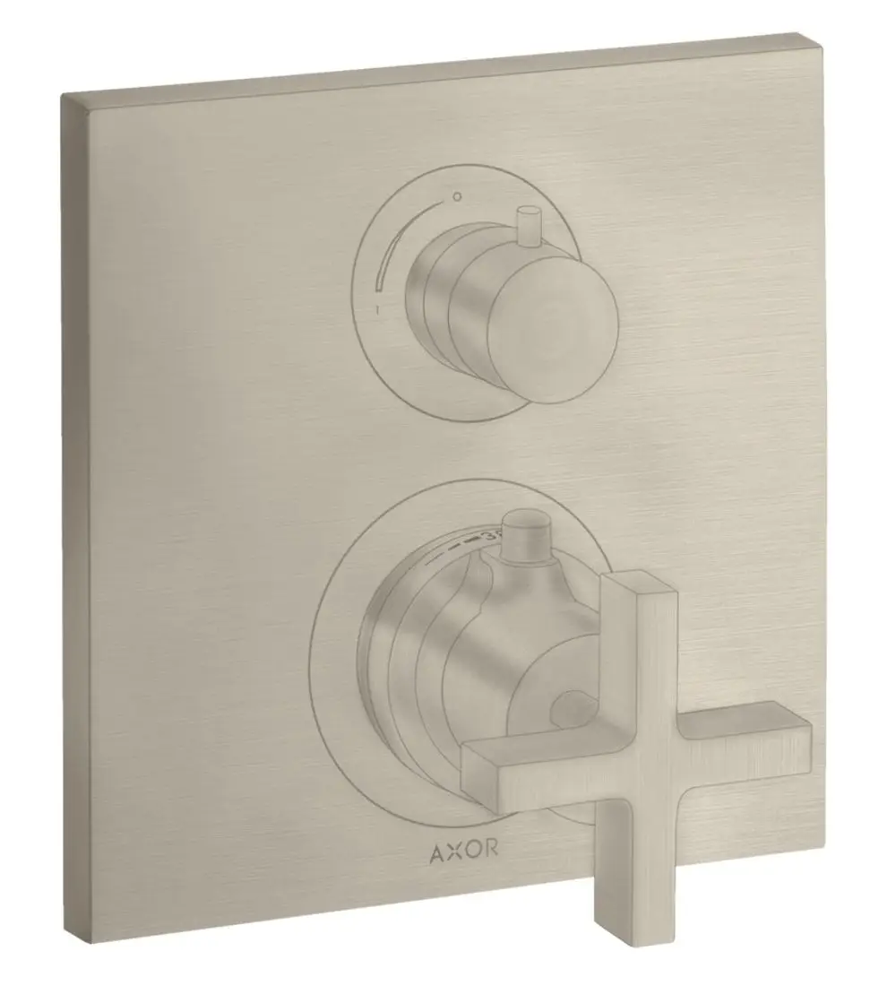 Thermostatventil mit Ab- und Umstellfunktion von AXOR, bestehend aus einem runden Bedienknopf und einem Kreuzgriff, in brushed Nickel-Oberfläche montiert auf quadratischem Plattenfeld.